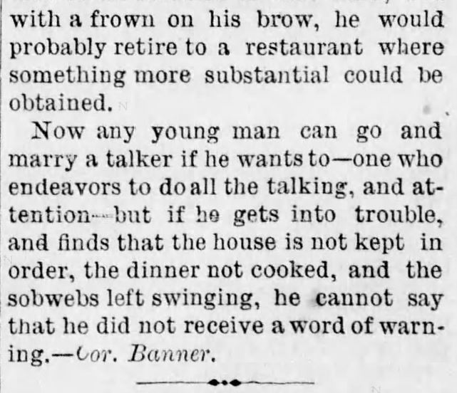 Kristin Holt | Lady Talkers Don't Make Good Wives. Part 3 of 3. From The Star and Enterprise of Newville, Pennsylvania, May 4, 1875. Related to Who Makes the Best (Victorian) Wives?