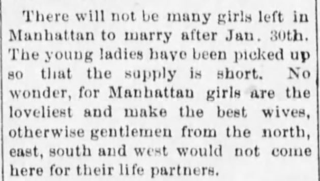 Kristin Holt | Who Makes The Best (Victorian) Brides? Manhattan, Kansas Brides are the very best. From The Manhattan Republic of Manhattan, Kansas. January 24, 1889.