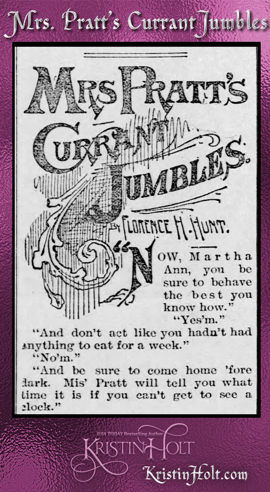 Kristin Holt | Sugar Cookies in Victorian America | Mrs. Pratt's Currant Jumbles, an illustrated vintage header image; a fiction story by Florence H. Hunt, published in Kellogg's Wichita Record of Wichita, Kansas. April 27, 1895.