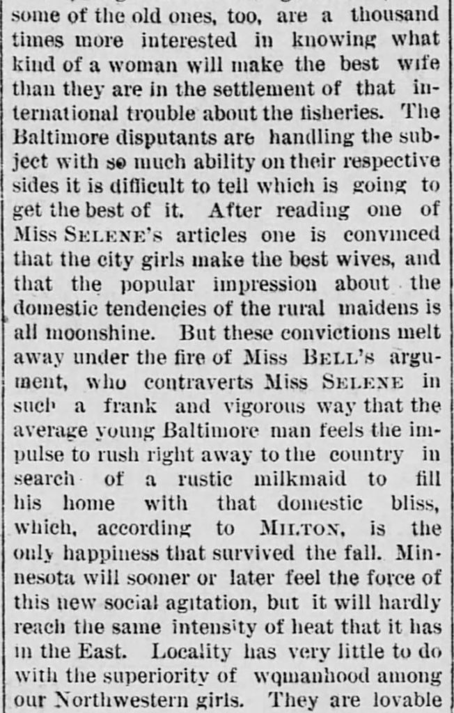 Kristin Holt | Who Makes the Best (Victorian) Wives? City Girl or Country Girl. Part 2 of 3. The Saint Paul Globe of Saint Paul, Minnesota on April 29, 1887.