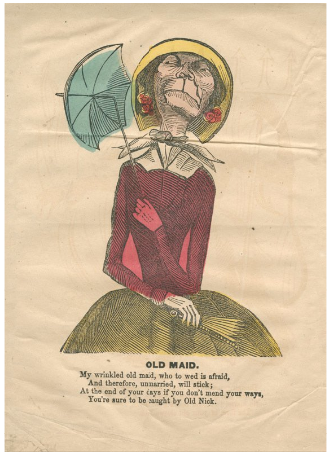 Kristin Holt | When Are Women most Lovely? Image of a vintage Caricature of an "Old Maid", dated between 1840 and 1880 (?). Cartoon, Caricature, Comic Valentine. Courtesy of the Library Company of Philadelphia.