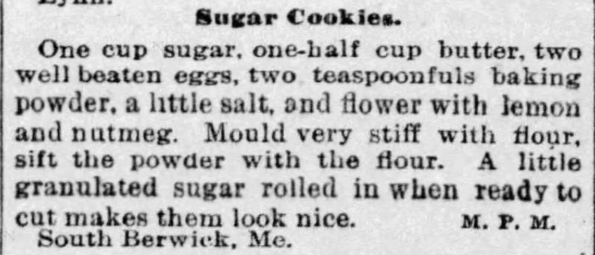 Kristin Holt | Sugar Cookies in Victorian America | Sugar Cookies recipe from The Boston Globe, Boston, Massachusetts on November 1, 1885.