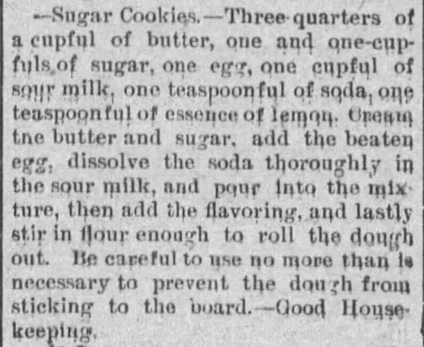 Kristin Holt | Sugar Cookies in Victorian America | Sugar Cookies recipe from The Topeka Daily Press of Topeka, Kansas. July 6, 1895.