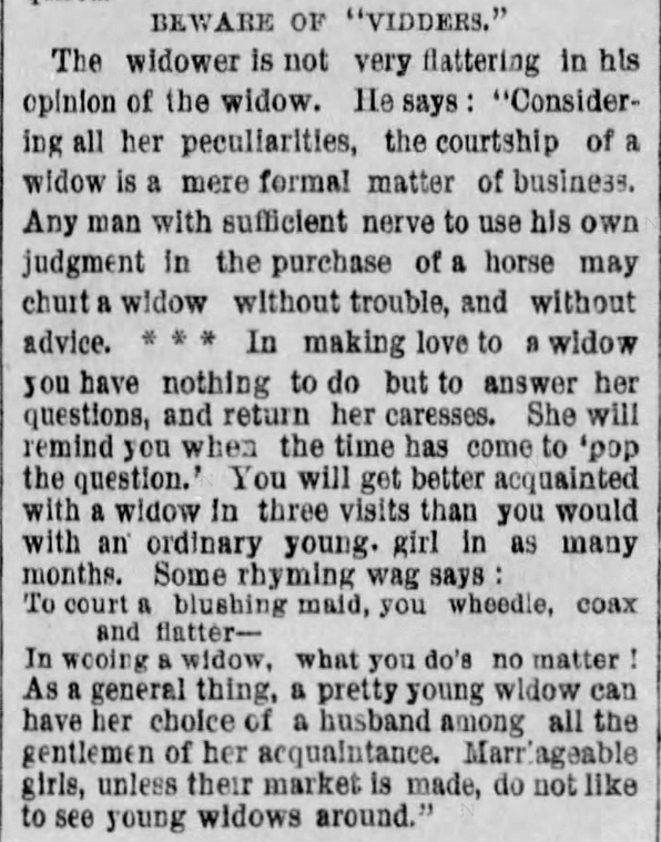 Kristin Holt | Who Makes the Best (Victorian) Wives? "Beware of Vidders" from The Des Moines Register of Des Moines, Iowa. February 20, 1887.