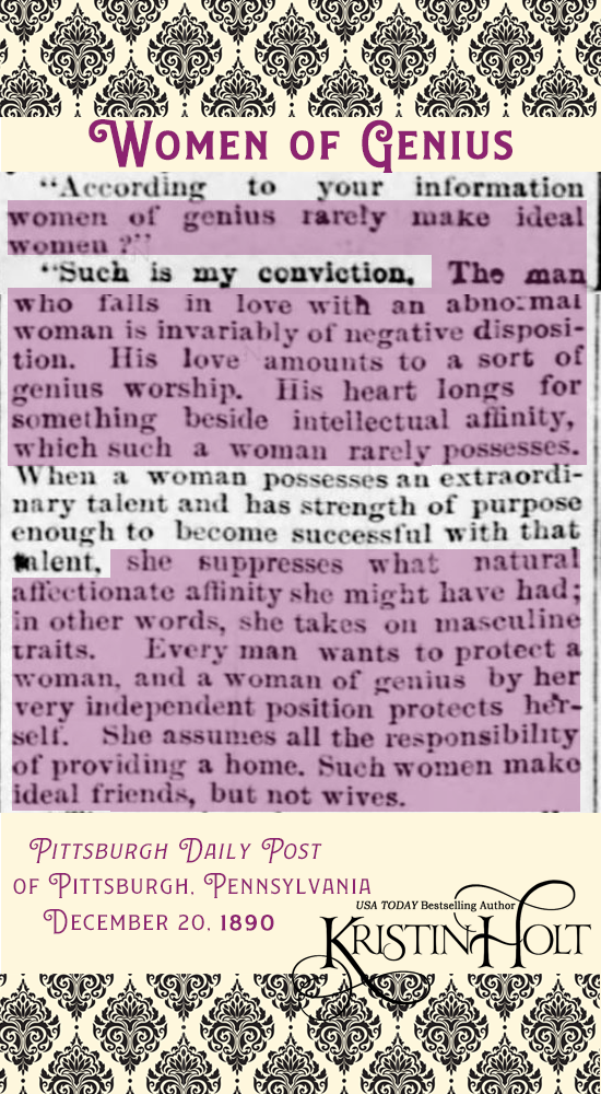 Krisitn Holt | Who Makes the Best (Victorian) Wives? Women of Genius are NOT capable of becoming the best wives. From Pittsburgh Daily Post of Pittsburgh, PA. December 20, 1890.