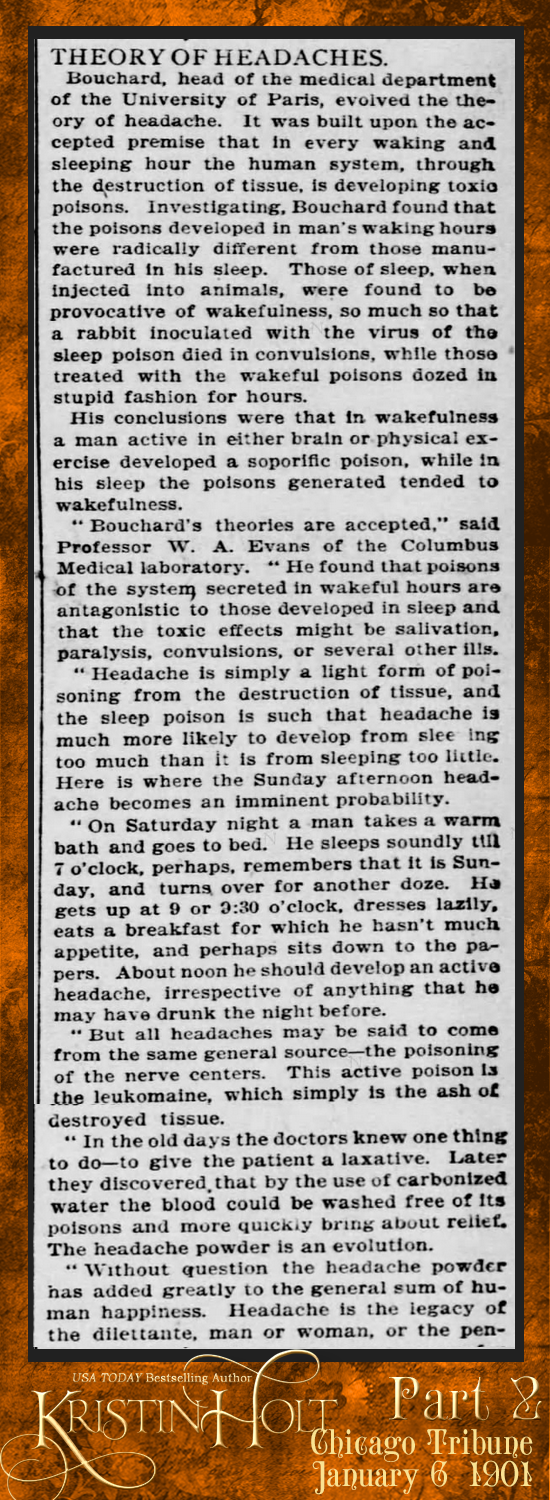 Kristin Holt | Victorian-American Headaches: Part 5. "Sunday Leads to Headache: Why the Ailment Is Most Prevalent on That Day of the Week." From Chicago Tribune dated January 6, 1901. Part 2 of 3.