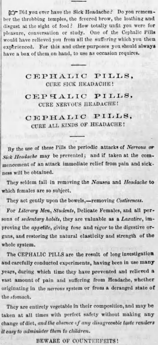 Kristin Holt | Victorian-American Headaches: Part 4. Cephalic Pills cure sick headache. For sale by individual mail-order, advertised in New England Farmer of Boston, Mass. on November 24, 1860. Part 1 of 2.