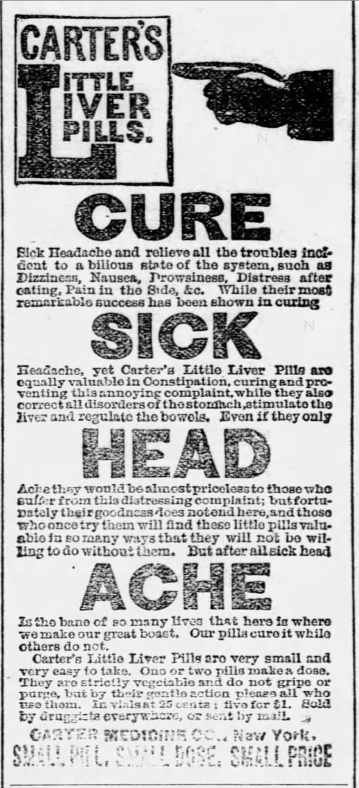 Kristin Holt | Victorian-American Headaches: Part 4. Carter's Little Liver Pills Cure Sick Head Ache. Ad from The Meade Republican of Meade, Kansas on September 30, 1891.