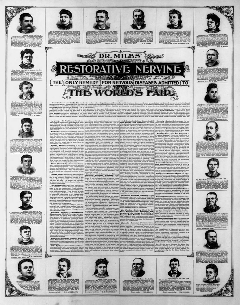 Kristin Holt | Victorian American Headaches: Part 4. Full-page advertisement (with numerous endorsements), illustrated. Dr. Miles' Restorative Nervine: The Only Rememdy for Nervous Diseases Admitted to The World's Fair. Published in Ellsworth Reporter of Ellsworth, Kansas on March 22, 1894.