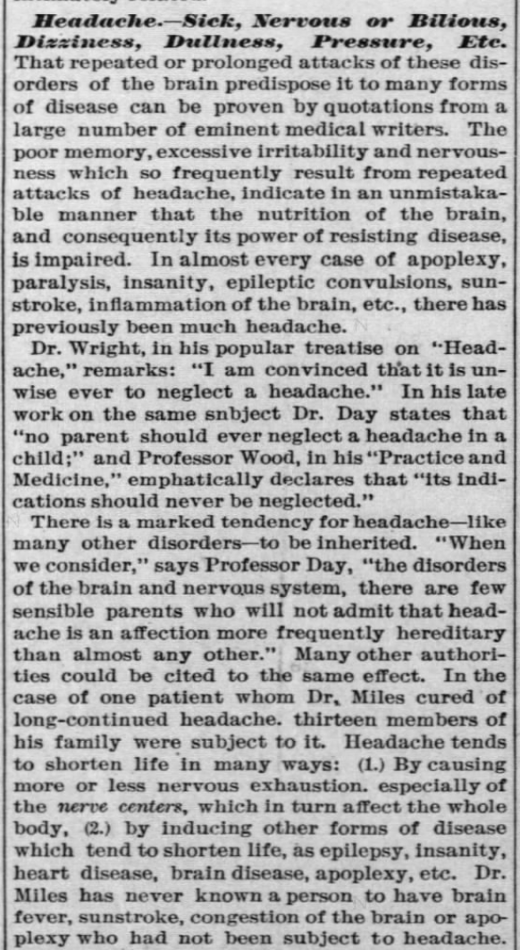 Kristin Holt | Victorian-American Headaches: Part 4. Dr. Miles' Nervine Medicine, advertised in Ellsworth Reporter of Ellsworth, Kansas on March 22, 1894.