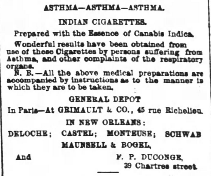 Kristin Holt | Common Details of Western Historical Romance that are Historically Incorrect, Part 3. Advertisement for "Indian Cigarettes, prepared with the Essence of Canabis [sic] Indica," for asthma. Sold in Paris, New Orleans, etc. Ad in The Times-Picayune of New Orleans, Louisiana on April 2, 1868.