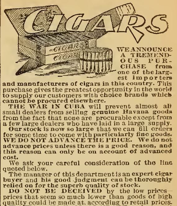Kristin Holt | Victorian-American Tobacco Advertisements. Header of Cigars Section, Part 1, of the Sears Catalog, 1898.