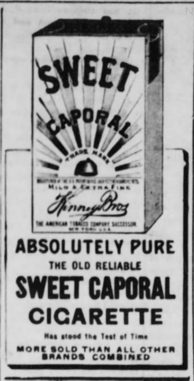 Kristin Holt | Victorian-American Tobacco Advertisements. Sweet Caporal Cigarette, "More sold than all other brands combined." Advertised in The Daily Deadwood Pioneer of Deadwood, South Dakota. January 1, 1895.