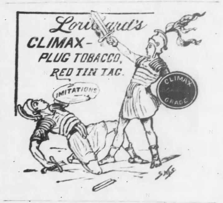 Kristin Holt | Victorian-American Tobacco Advertisements. Climax Plug Tobacco advertised, illustrated, in The Wyandott Herald of Kansas City, Kansas. February 4, 1886.