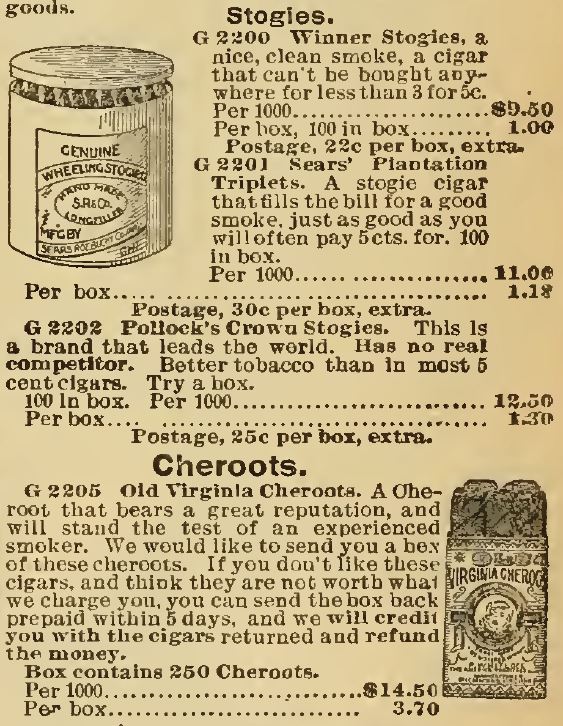 Kristin Holt | Victorian-American Tobacco Advertisements. Stogies and Cheroots offered for sale in the 1898 Sears Catalogue.
