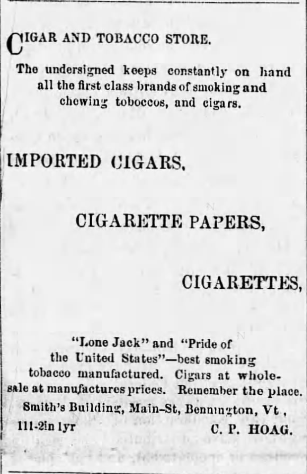 Kristin Holt | Victorian-American Tobacco Advertisements. Tobacco store advertises cigarette papers and cigarettes. Published in The Vermont Gazette of Bennington, Vermont. November 17, 1872.