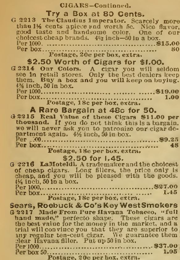 Kristin Holt | Victorian-American Tobacco Advertisements. Cigars, continued, advertised in Sears Catalog, 1898.