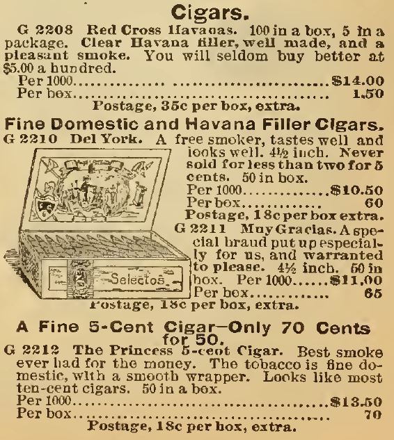 Kristin Holt | Victorian-American Tobacco Advertisements. Cigars advertised in the Sears Catalog, 1898, section containing Fine Domestic and Havana Filler Cigars, Red Cross Havanas, and fine 5-cent cigars. 