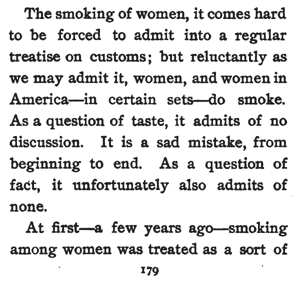 Kristin Holt | Common Details of Western Historical Romance that is Historically INCORRECT, Part 3 (Tobacco). Smoking of Women, from Etiquette for Americans, 1898.