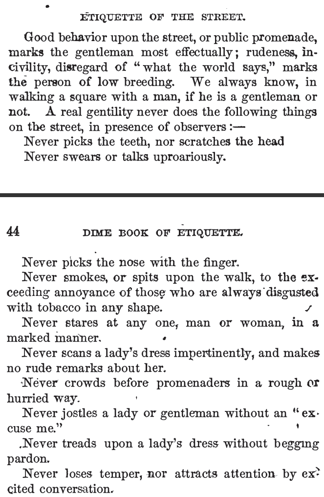 Kristin Holt | Street Etiquette includes NO smoking and NO spitting tobacco juice with the same vehemence as NO picking of the nose. Published in 1859: Beadle's Dime Book of Practical Etiquette for Ladies and Gentlemen. (From Common Details of Western Historical Romance that are Historically INCORRECT, Part 3 (Tobacco).