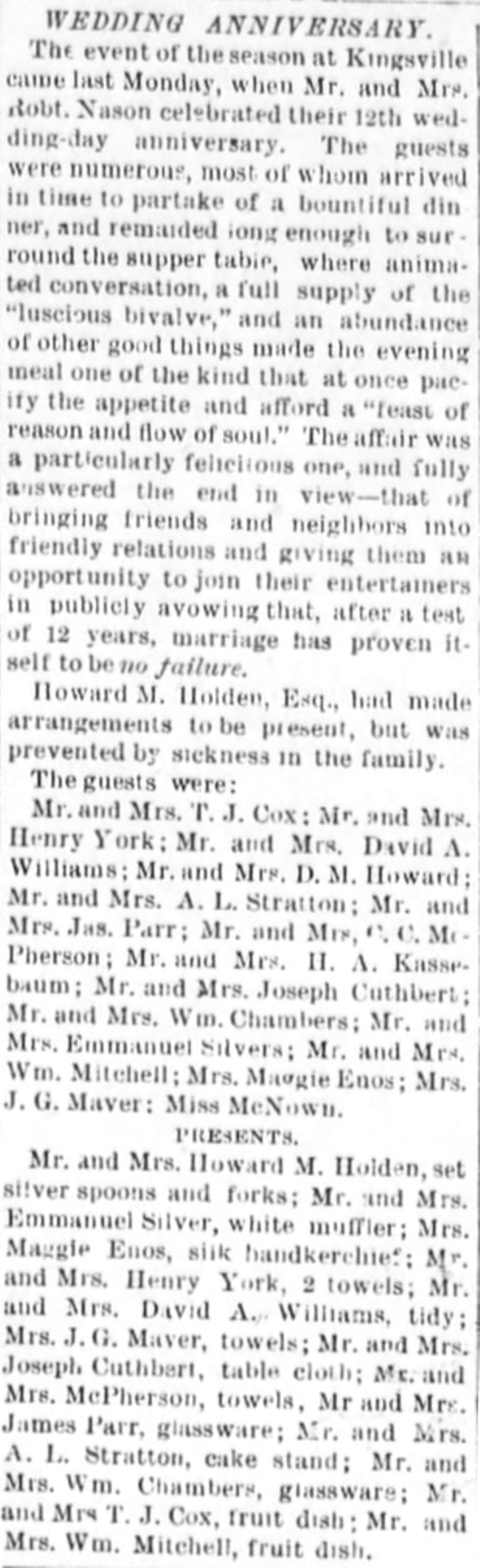 Kristin Holt | Victorian-American Wedding Anniversaries, published in The Rossville Times of Rossville, Kansas on November 21, 1890. Note that guests are listed as are their gifts.