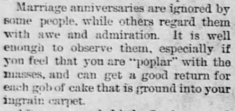 Kristin Holt | Victorian-American Wedding Anniversaries: a spot of good humor published in The Salt Lake Herald of Salt Lake City, Utah Territory, on September 28, 1890. 