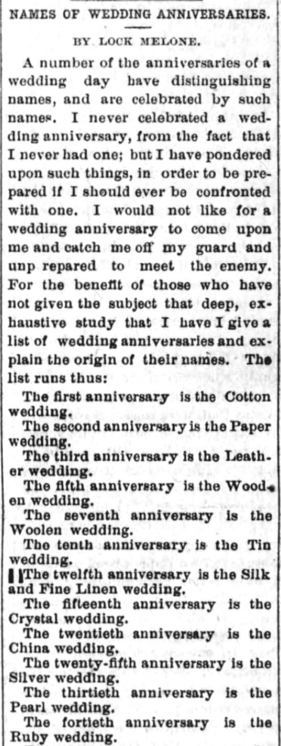 Kristin Holt | Victorian-American Wedding Anniversaries: 1 of 6: Victorian-American Wedding Anniversaries and Sarcasm Victorian-style. From Santa Cruz Sentinel of Santa Cruz, California on November 5, 1884.