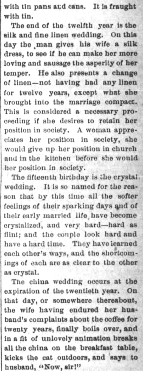Kristin Holt | Victorian-American Wedding Anniversaries: 4 of 5: Victorian-American Wedding Anniversaries and Sarcasm Victorian-style. From Santa Cruz Sentinel of Santa Cruz, California on November 5, 1884.