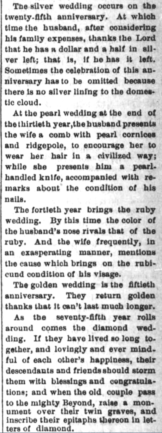 Kristin Holt | Victorian-American Wedding Anniversaries: 5 of 5: Victorian-American Wedding Anniversaries and Sarcasm Victorian-style. From Santa Cruz Sentinel of Santa Cruz, California on November 5, 1884.