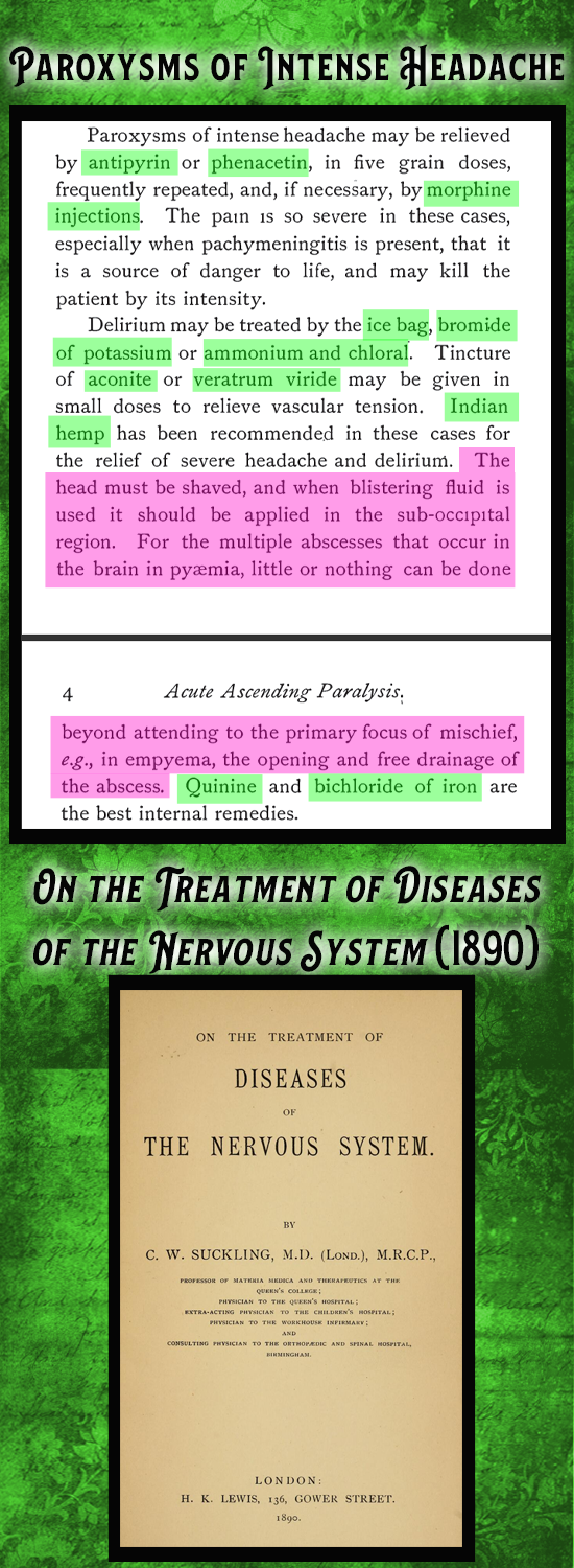 Kristin Holt | Victorian-American Headaches: Part 7. On the Treatment of Diseases of the Nervous System, London, 1890, a medical text, provides instruction to would-be doctors about treating Paroxysms of Intense Headache. Treatment includes antipyrin, phenacetin, morphine injections, ice bags, bromide of potassium, ammonium and choral, among others (including Indian Hemp).