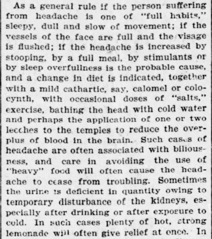 Kristin Holt | Victorian-American Headache: Part 7. From "Such a Headache! An Old Practitioner's Notes on the Treatment of the Affliction," published in The Indianapolis Journal of Indianapolis, Indiana on January 6, 1901.