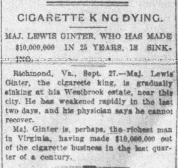 Kristin Holt | Victorian Tobacco: Cures or Kills? Cigarette King leaves wealthy estate. Buffalo Morning Express and Illustrated Buffalo Express of Buffalo, New York on September 29, 1897.