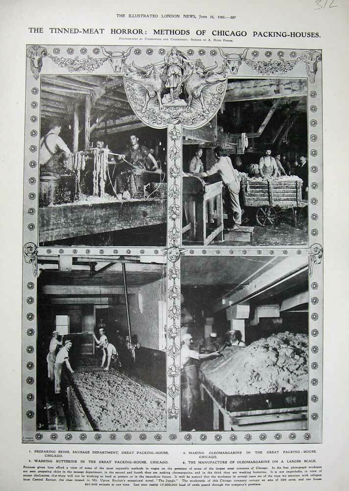 Kristin Holt | Victorian America's Oleomargarine: 1906 photographs of Oleomargarine Factory. "The Tinned-Meat Horror: Methods of Chicago Packing-Houses." 1. preparing skins, sausage department, Great Packing House, Chicago. 2. Washing Butterine in the Great Packing House, Chicago. 3. Making Oleomargarine in the Great Packing House, Chicago. 4. The Manufacture of Oleomargarine on a Larger Scale. From The Illustrated London News on June 16, 1906.