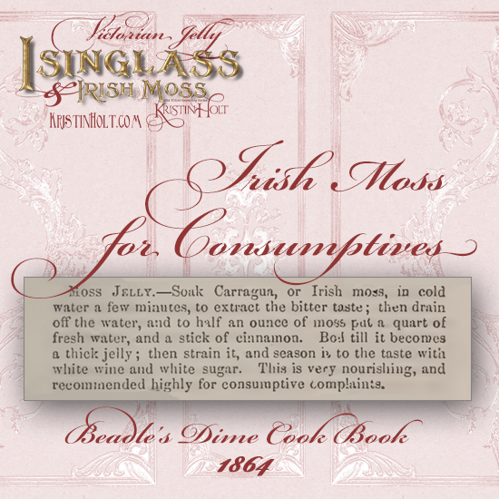 Kristin Holt | Victorian Jelly: Isinglass and Irish Moss. Irish Moss Jelly recipe for Consumptives. From Beadle's Dime Cook Book, 1864.