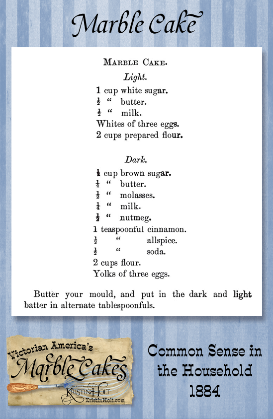 Kristin Holt | Victorian America's Marble Cakes. Marble Cake recipe: spice cake with light companion batter. Baked in a mould. Published in Common Sense in the Household, 1884.