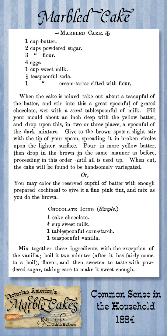 Kristin Holt | Victorian America's Marble Cakes. Marbled Cake Recipe with alternates for pink-tinted (cochineal) cake, and a simple chocolate icing recipe. Published in Common Sense in the Household, 1884.