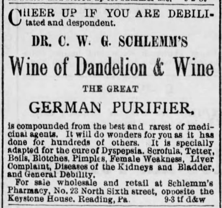 Kristin Holt | Victorian America's Dandelions. Dandelion Wine is medicinal, "compounded from the best and rarest of medicinal agents." Reading Times of Reading, Pennsylvania on September 3, 1881.