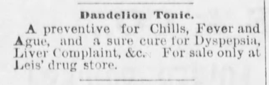 Kristin Holt | Victorian America's Dandelions. "A preventative for Chills, Fever and Ague, and a sure cure for Dyspepsia, Live Complaint, &c. Fro sale only at Lei's drug store." The Lawrence Standard of Lawrence, Kansas. January 1, 1880.