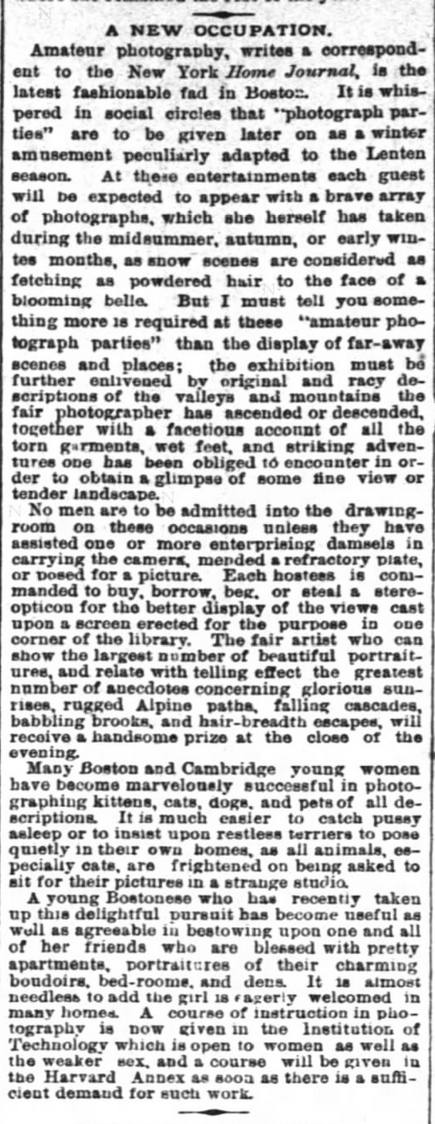 Kristin Holt | Victorian Photograph Parties. Amateur Photography Parties particularly for Lady Amateur Photographers. From The Inter Ocean of Chicago, Illinois on February 8, 1890.