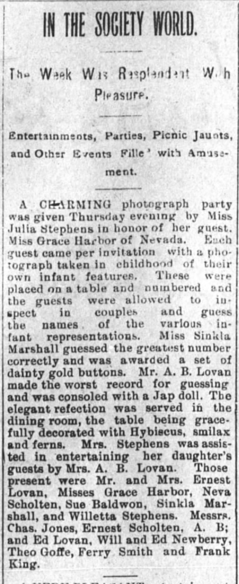 Kristin Holt | Victorian Photograph Parties. Miss Julia Stephen's party sounds delightful... (yet to today's readers, the "Jap doll" booby prize is an uncomfortable reminder of U.S. history. From Springfield Leader and Press of Springfield, Missouri on July 28, 1894.