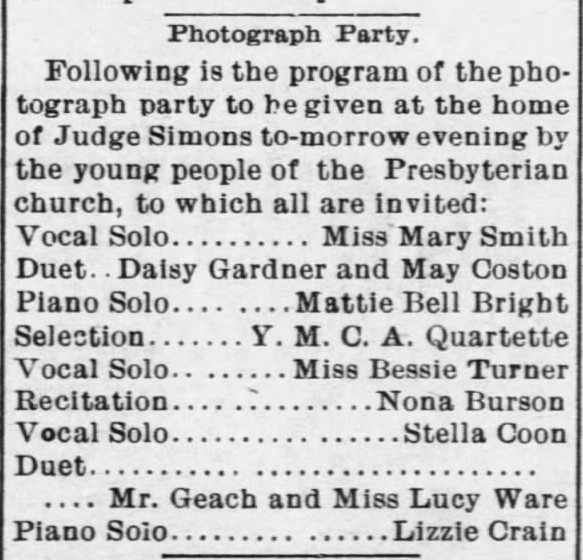 Kristin Holt | Victorian Photograph Party. This party includes a musical program. From Fort Scott Daily Tribune and Fort Scott Daily Monitor of Fort Scott, Kansas. Dated November 18, 1895.