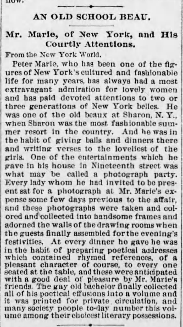 Kristin Holt | Victorian Photograph Parties. "An Old School Beau. Mr. Marie, of New York, and His Courtly Attentions." A different twist on Photograph Parties where celebrated female guests are photographed in advance of the party, and the portraits admired at an evening gathering. From The Times of Philadelphia, Pennsylvania on January 5, 1890.