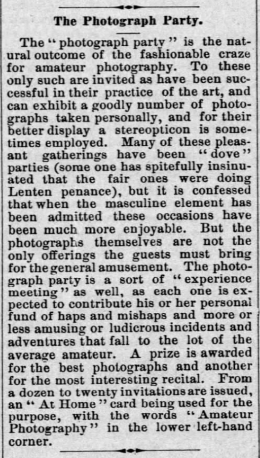 Kristin Holt | Victorian Photograph Parties. "The Photograph Party" explained, in Vermont Chronicle of Bellows Falls, Vermont on March 21, 1890.